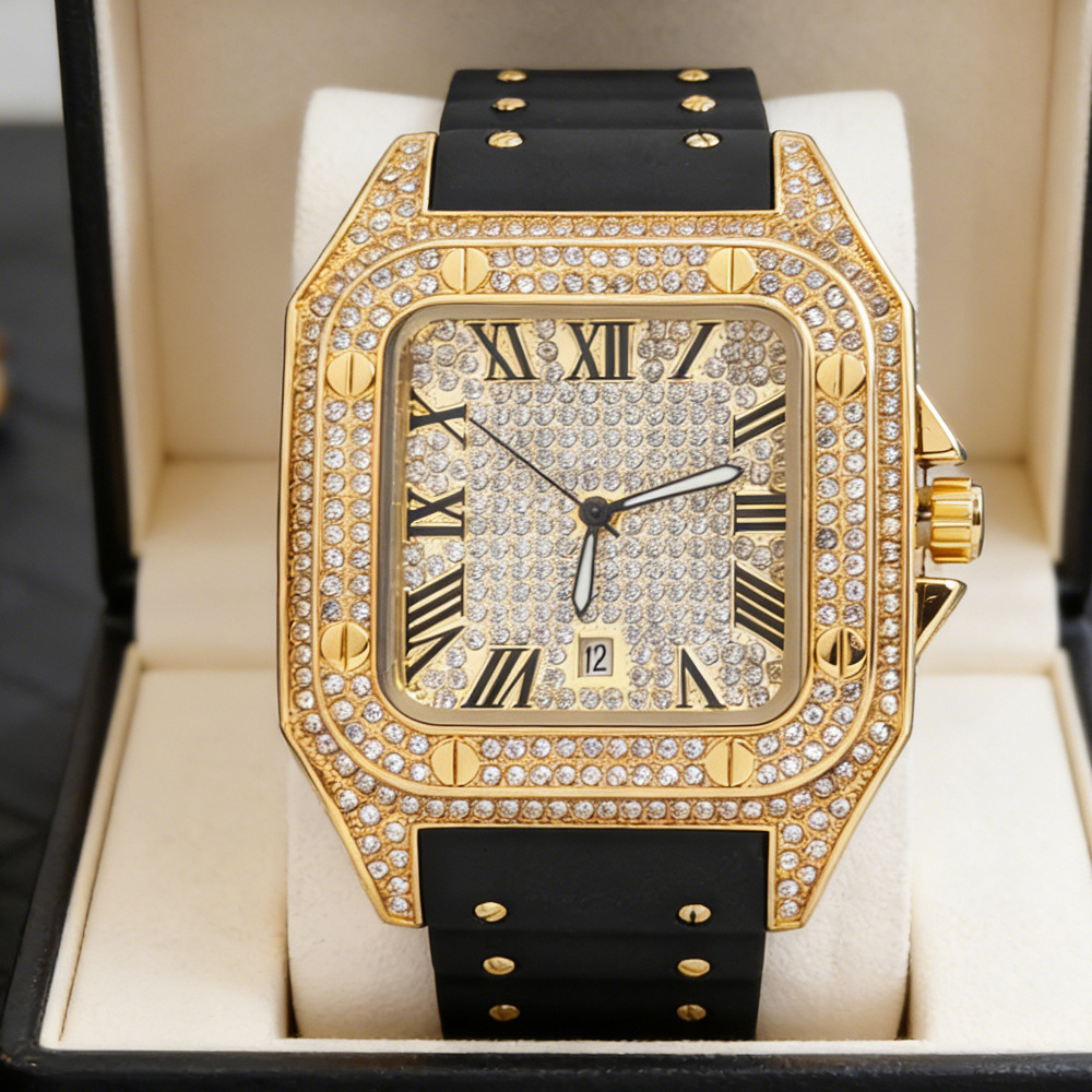 Hip Hop Iced Out Bling Square  - đánh giá và giá Luxury Watch Rubber Strap