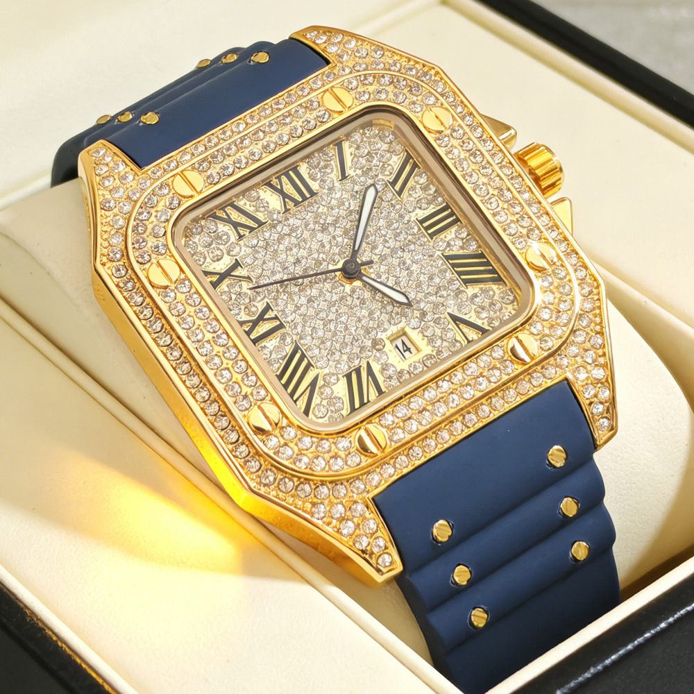 Hip Hop Iced Out Bling Square  - đánh giá và giá Luxury Watch Rubber Strap