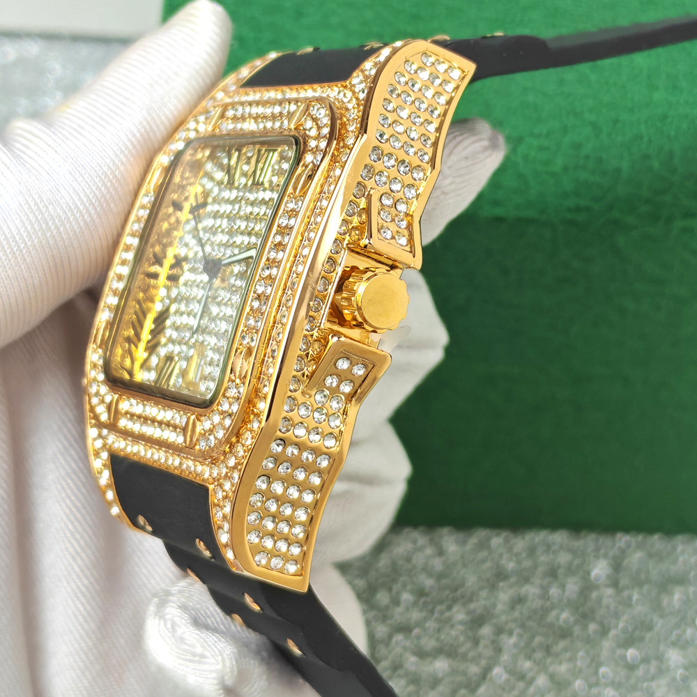 Hip Hop Iced Out Bling Square  - đánh giá và giá Luxury Watch Rubber Strap