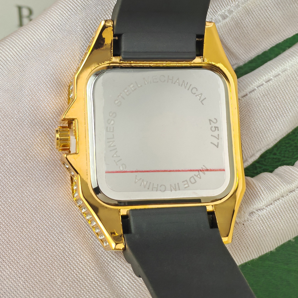 Hip Hop Iced Out Bling Square  - đánh giá và giá Luxury Watch Rubber Strap